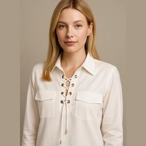 Calvin Klein Adjustable Legnth Sleeve faux Beast pockets drawstring front Blouse